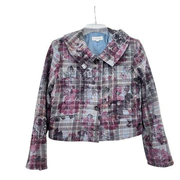 St. John Sport Plaid Wool Blend Floral Embroidered Collared Jacket Size Medium - Picture 1 of 15